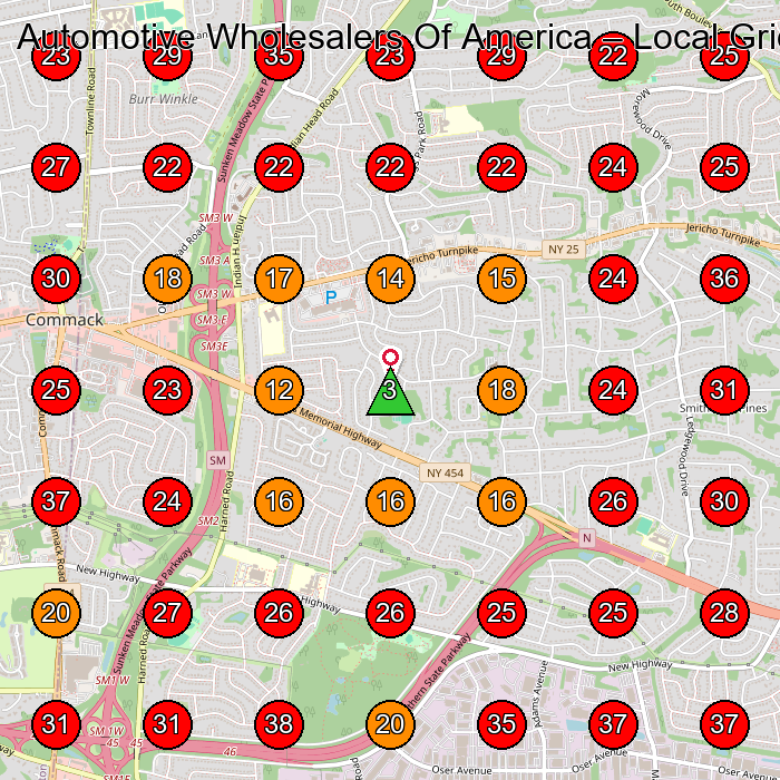 Automotive Wholesalers Of America GeoGrid visibility map for Used Car Dealer in Commack